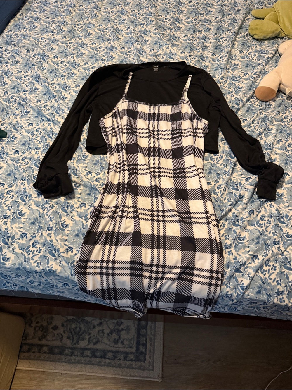 Black & White Plaid Slip Dress with Black Layering Top